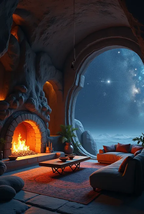 interior house in space. stars. universe, dark, living room, fire place, furniture,