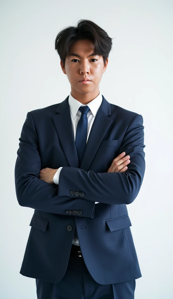 Prompt: "A half-body portrait of a man wearing a navy-blue suit, a crisp white shirt, and a matching navy-blue tie. He stands confidently with arms crossed. Their hairstyle is a middle part in the style of a Korean boy band member, neat and professional. H...