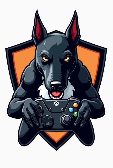  Video game room logo with a black patterdale terrier dog with white on the chest, Biting off an Xbox controller 