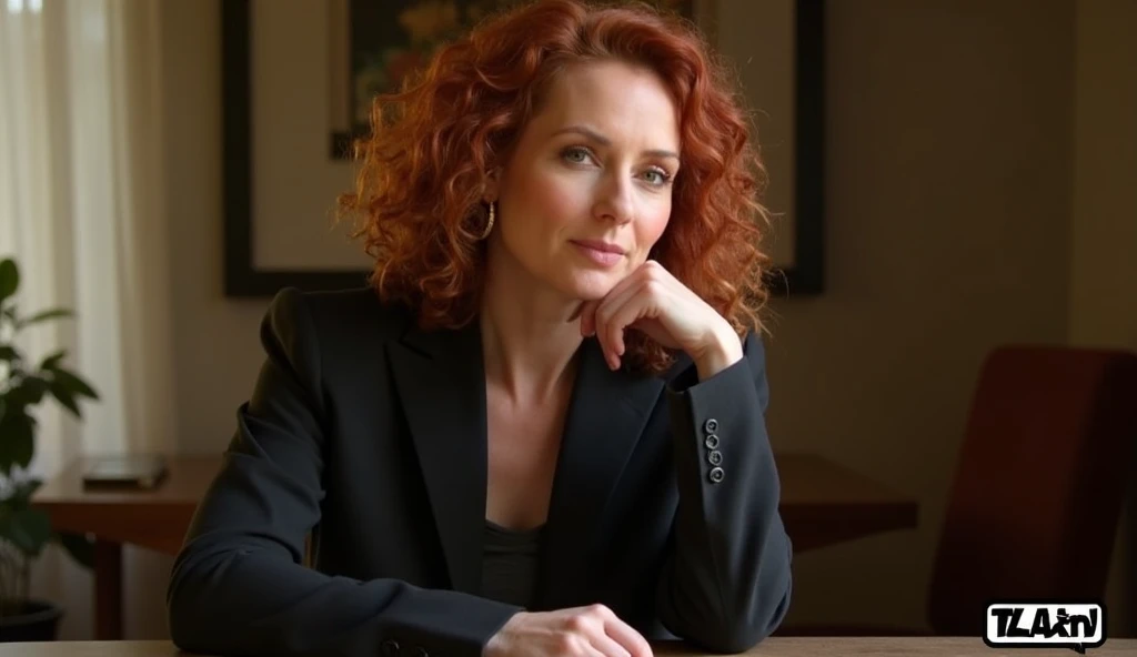  there is a portrait of a woman with light skin and curly red hair, sitting at a table with her hand resting on her chin. She is wearing a dark blazer and appears thoughtful. The background is softly blurred, with warm lighting suggesting an indoor setting...