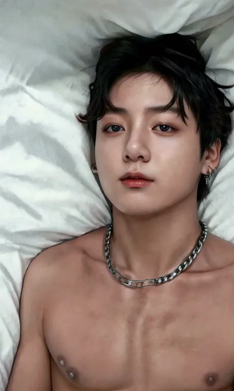 arafed man laying in bed with a chain around his neck, perfect face and boy, jungkooks right eyelid swollen, cute young man, twink, delicate androgynous prince, handsome chad chin, 1 7 - year - old boy thin face, beautiful androgynous prince, Jungkook , Je...