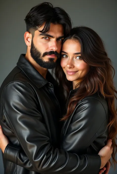 A tall young man, with short black hair, medium black beard, wearing sports clothes, with a bad boy face, green-brown eyes, hugging a young man, with very long wavy brown hair, no beard, with a kind face. , honey eyes, leather clothing