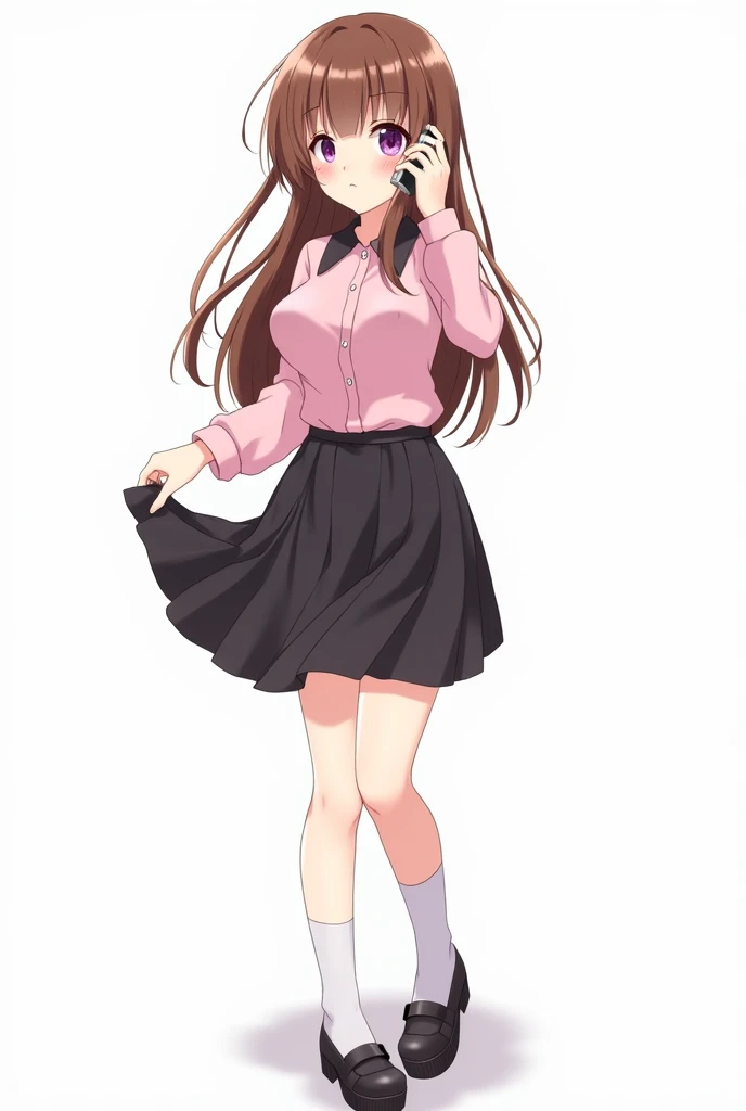 an anime girl in a skirt and black shirt holding a cellphone to her ear, 1girl, solo, shirt, skirt, pink shirt, jirai kei, two side up, phone, black skirt, white background, long hair, breasts, platform footwear, simple background, brown hair, blush, purpl...