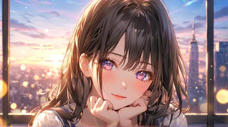 (masterpiece,  top quality ), Extremely detailed CG Unity 8k , Anime-style illustrations、 draw a long-haired woman standing on a city balcony in the evening 。 Shes wearing a white blouse and blue camisole dress、 in the background 、 make sure you can see a ...