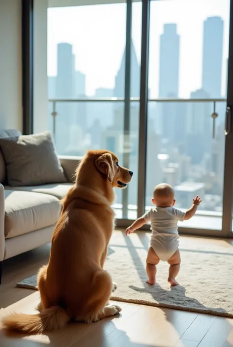 An adorable golden retriever sitting alertly in the living room, watching the 6-month-old baby crawl toward the balcony. The dog’s expression shows concern and attentiveness. The apartment setting is bright, with large glass windows revealing a high-rise c...