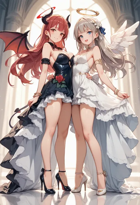 Anime, beautiful girls. Background one side is hell and on the other side is heaven, and there are two girls standing on either side, one is a devil and the other is an angel. Dress not too revealing 