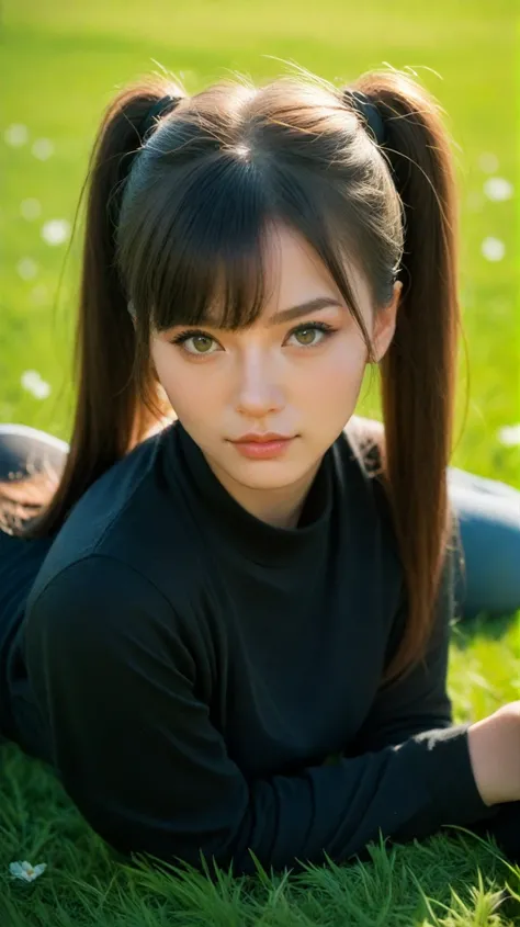 A girl posing for a photo on a grass field wearing black clothes