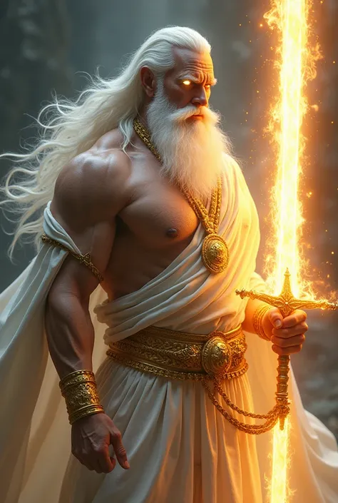 50-year-old God , strong body,  long white hair , white beard, Light clothing, white eyes and gold bracelets , with a giant sword made of blazing light 