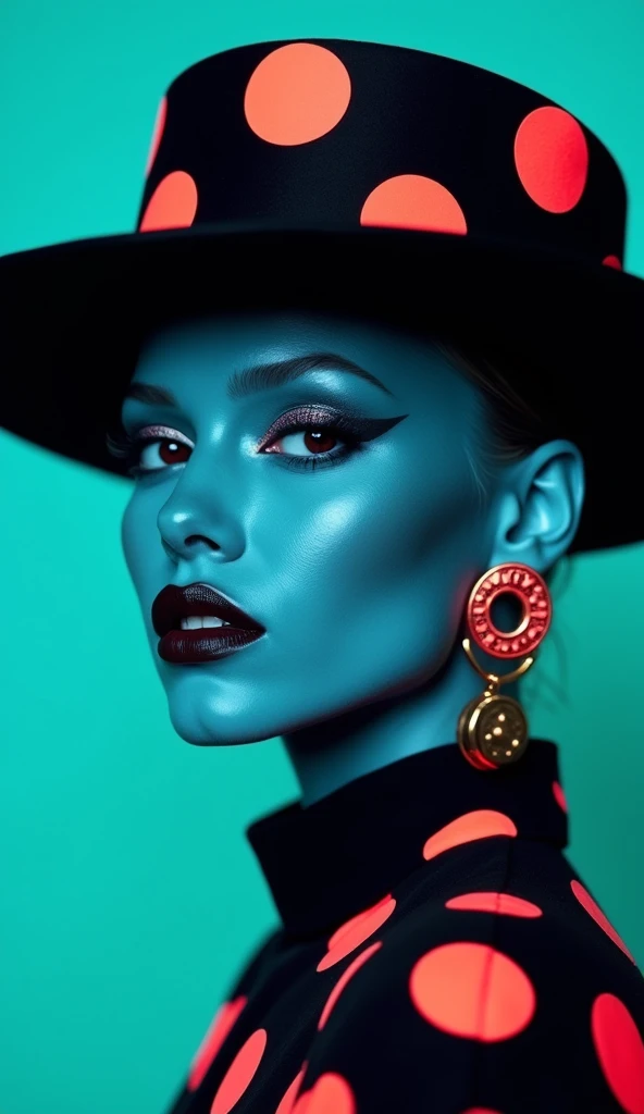 "Portrait of a model with a striking blue skin tone, wearing a black hat adorned with large fluorescent red polka dots. The model has bold makeup, including dark lipstick and shimmering eye shadow. Large circular earrings echo the fluorescent polka dot pat...