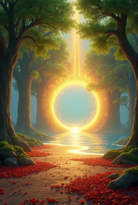 Multidimensional golden and illuminated portal  , when you cross the portal of the one that meets the sea  ,  on the way you find trees with green leaves  , And red leaves fallen to the ground  