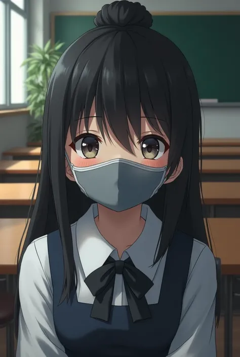  Female Middle School Student　Gray mask 　 school uniform　 See-through Bang 　 bundling hair behind　 in the classroom