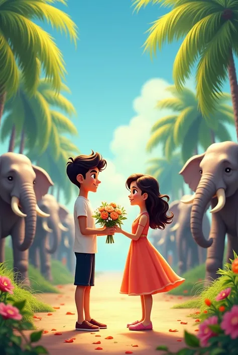 A healthy boy named Srijon proposes a girl named sathi .. with lots of elephants and horse with the boy.. 