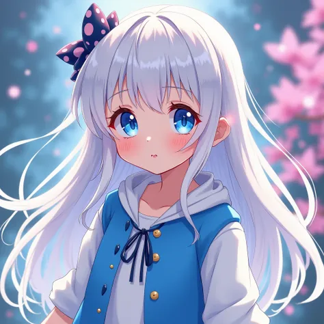  Create an image in Japanese animation style,Condition : White Long Hair 、blue eyes、loli、 Blue and white jacket 