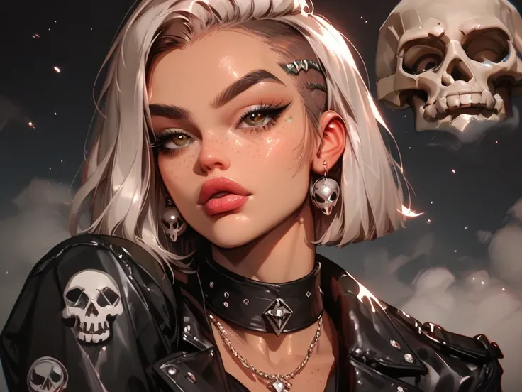 shaved on sides + diamond shaped face, small forehead, brown eyes, almond eyes, bushy arched eyebrows, thick lips, golden skin, tanned skin + freckles + her body is slender and agile + crunge style clothing with rocker touches + sleeveless open gray vest w...