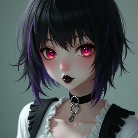 Girl ,  CLEAR SKIN ALMOST ANEMIC,  red-colored eyes , SHORT BLACK HAIR FRINGE , Black lip ,  Gothic makeup,  WEARING A WHITE TOP AND A BLACK SKIRT,  PURPLE STRANDS IN THE HAIR , LIP PIERCING ,  small breasts ,  REALISTIC HIGH-RESOLUTION DESIGN ,  Skinny Le...