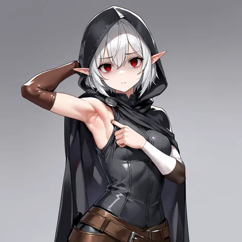 (Best Masterpiece, HDR, 2k, High Quality) 1girl, assassin girl, a white hair, short hair, wearing a assassin mask, killer expression, red eyes, elf ears, hooded cloak clothes, detailed clothes ((armpits, showing armpits, armpits detailed, shiny armpits, mo...