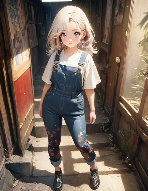 8k,gal，  floral tights  ,Realistic beautiful skin  , Sparkling Gem Earrings  ,  long golden hair with sparkles,  beautiful eyes,Model,  Full Body,overalls,  headband,HD,8k, Cute Japanese Anime ,  long white hair,White hair