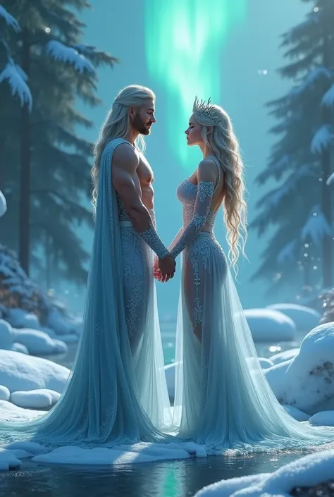 A beautiful queen and a man ice king hold hand near green river in garden((masterpiece, highest quality, Highest image quality, High resolution, photorealistic, Raw photo, Extremely detailed CG unified 8k wallpaper)), (huge stunning goddess shot, very hot ...