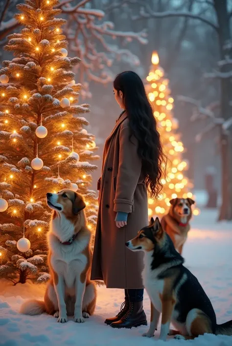  the Christmas tree and illuminations are beautiful　Together with the dogs　 asian beauty with long black hair　Asian beauty with long dark hair in winter clothes 　Hi-Vision 8k 