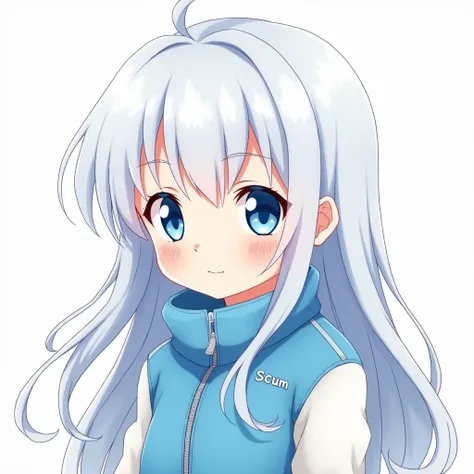  Create an image in Japanese animation style,Condition : White Long Hair 、blue eyes、loli、 Blue and white jacket ,scum 