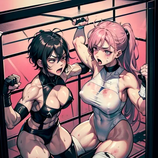 dynamic battle action, muscular and sixpack abs body, they are (((((beating each others body and face by punches in the narrow glass box))))) so hard. two (((bloody)))) cute Japanese heavyweight high school student girl kickboxers are fighting in the narro...