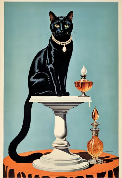 vector art, arafed black cat sitting on a pedestal with a pearl necklace, elegant cat, 1920s advert, 1960s advertisement, luxury advertisement, magazine advertisement, 1960s perfume bottle ads,