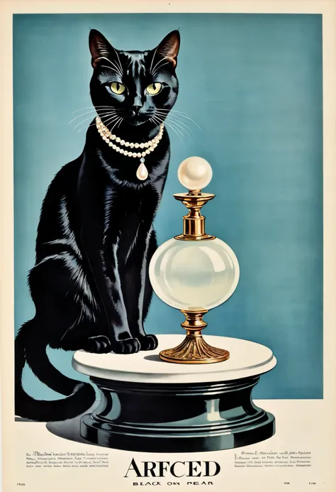 vector art, arafed black cat sitting on a pedestal with a pearl necklace, elegant cat, 1920s advert, 1960s advertisement, luxury advertisement, magazine advertisement, 1960s perfume bottle ads,