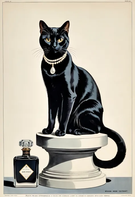 vector art, arafed black cat sitting on a pedestal with a pearl necklace, elegant cat, 1920s advert, 1960s advertisement, luxury advertisement, magazine advertisement, 1960s perfume bottle ads,