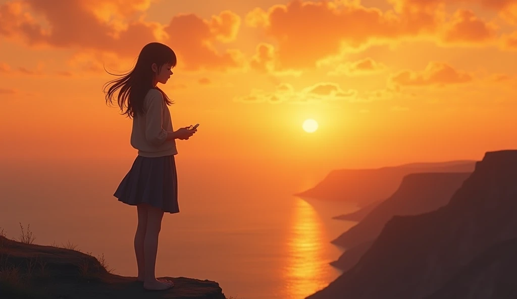 "Medium Shot of a young woman or man standing on a cliff edge at sunset. The golden orange sky reflects a warmth tinged with sadness. The character looks out to the horizon, eyes filled with longing and pain. Holding a small, meaningful object, such as a p...