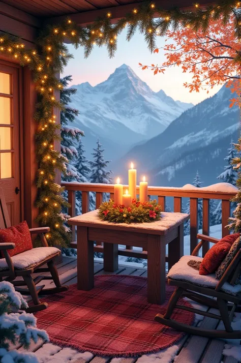 terrace ,  snowy mountains,  Autumn tree ,  terrace table ,  table advent wreath,  garlands of light ,  rocking chair, oàrna ,  carpet ,  red plaid 