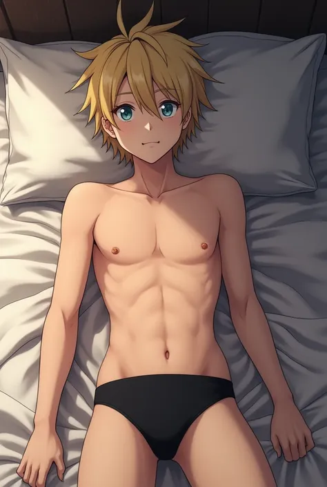  Handsome young white boy set naked showing his black swimsuit,  he is lying on a bed ,  anime style ,  and hes showing bulge in a naughty shirtless way, He is blond, rock style, Theres a lock of hair on his forehead , his hair goes up to his shoulder at t...