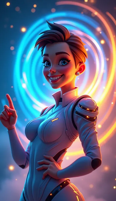 “A vibrant and eye-catching 3D avatar of a confident person, surrounded by dynamic swirling lights in shades of blue and gold, symbolizing creativity and innovation. The character has a futuristic design with a glowing aura, smiling confidently, and pointi...