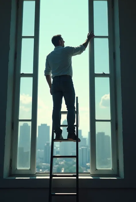 With great effort a man that is standing on the top of a ladder, opens a glass window of a rooftop