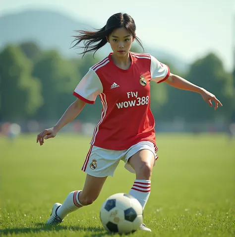 A beautiful Japanese woman wearing a Real Madrid jersey that says WOW388 on the front is preparing to kick the ball in the open field.