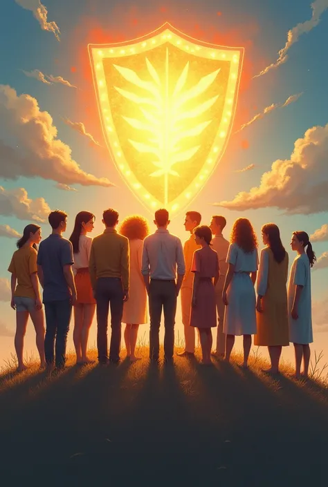 A symbolic representation of human service and life protection, showing a diverse grouping The background features a bright, hopeful sky with a protective shield glowing above the group, symbolizing safety and care. 