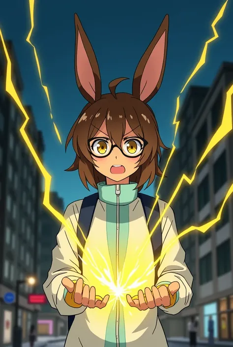 Screenshot of the serious anime ,  short female character ,cabello color cafe y  yellow eyes .  hair-colored rabbit ears {x} white clothes with light blue futuristic type, glasses.  brown colored rabbit ears .  angry face as yellow electricity comes out of...