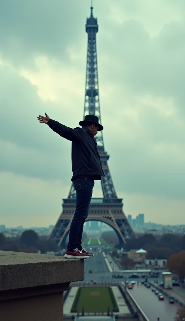 A cinematic image of a man balancing on the edge of a sloped ledge in front of the iconic Eiffel Tower in Paris. The man is dressed in a black jacket, black hat, jeans, and sneakers. He stands confidently with one arm outstretched and the other holding his...