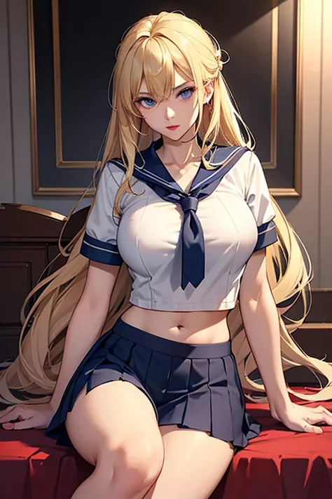 最 high image quality, masterpiece, 4K,  high image quality,  super high res,  of the prairie , CG drawing（ one cool adult female swordsman ） Hair、Blonde。 Hairstyle、 straight。  long hair。  in the middle 、Facial、Navy blue mini pleated skirt with 、With hair、I...