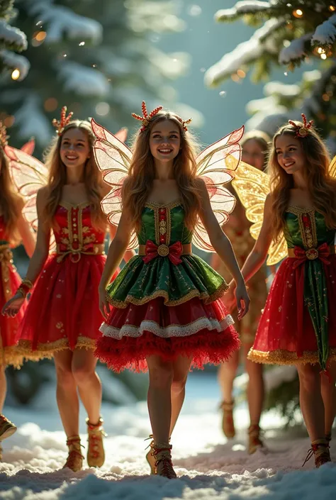 Format: A festive group scene
Subject: A circle of Christmas fairies dancing
Detail: Each dressed in unique red, green, and gold outfits, holding small glowing ornaments, with snow-covered pine trees in the background
Style: Hyper-realistic group compositi...