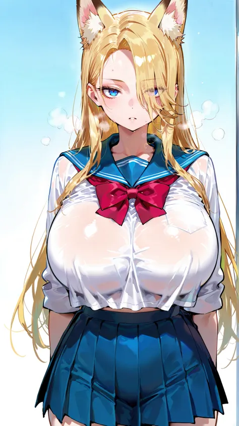 score_9, score_8_up, score_7_up,(hi-quality,high resolution),Cold Stare,(Fox Ears),(forehead,long hair over one eye),((side parted hair)),((huge breasts)),Narrow eyes,Clear Eyes,Perfect Eyes,Blonde,Long Hair,Delinquent Girl,gal,((huge breasts)),(school uni...