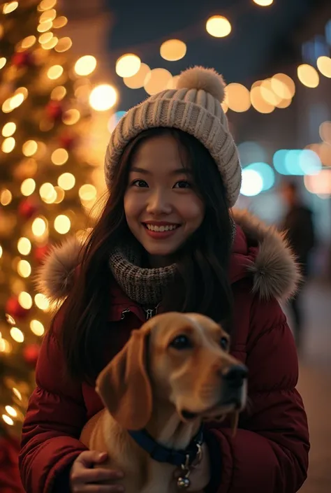  the Christmas tree and illuminations are beautiful　Together with the dogs　Beautiful Asian woman with long black hair smiles while looking at me　Asian beauty with long dark hair in winter clothes 　Hi-Vision 8k 