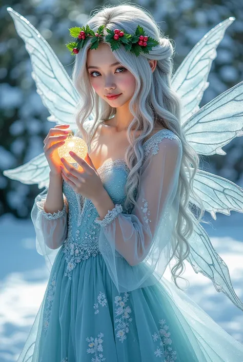 Format: A full-body illustration
Subject: A graceful winter fairy
Detail: Draped in a translucent icy-blue dress, holding a glowing ornament, her silver hair adorned with holly berries and mistletoe
Style: Hyper-realistic with a festive holiday mood
Parame...