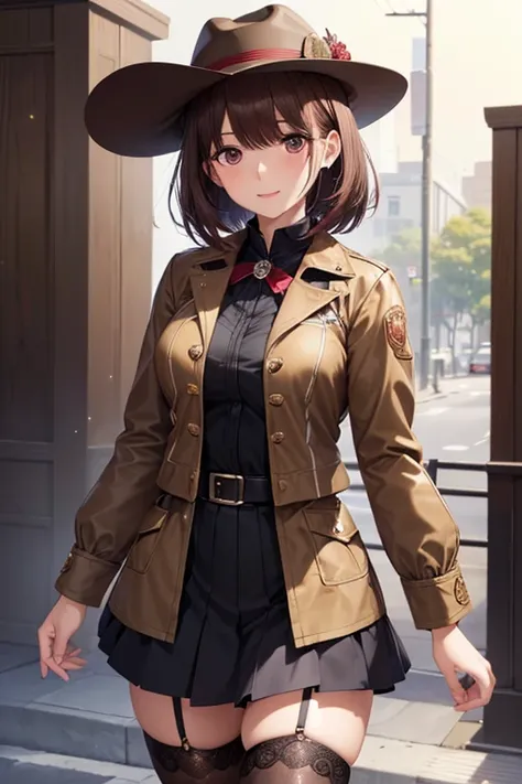 anegasaki nene、 shiny maroon hair ,  Shorthair, ( Pretty Brown Eyes 、 sparkling eyes , Fine grain)、smile、 super detailed な目、 very detailed face,  very detailed eyes,(masterpiece:1.3), cowboy shot, (Only one woman, Alone)、





( black stockings to hold han...