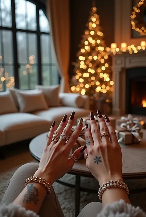 realistic point of view of a Mexican puerto rican females hands with long square tip brown white diamonds nail design on them with snow flakes with diamonds gold rings and a gold bracelet and a tattoo of black flowers, wrapping many christmas gifts inside ...