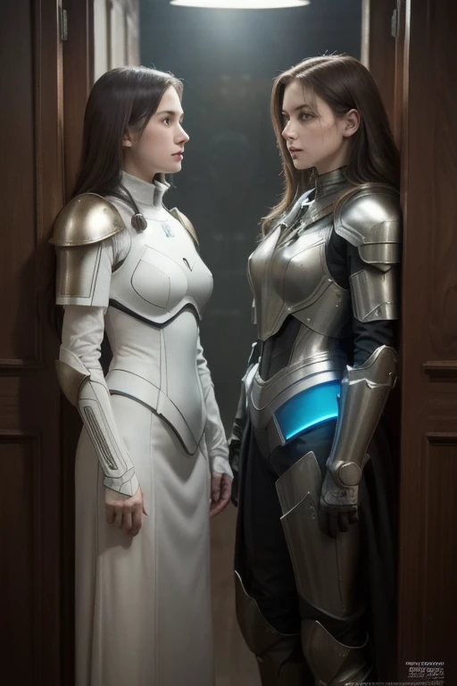 Two women in armor standing next to each other,  highly detailed hyperrealistic VFX,  Inspired by Peter Lindberg, Light-colored 、Faded,  works that influenced Nikola Avlamov,  clock punk ,  detailed and beautiful face , by Steven James Petruccio , Promethe...