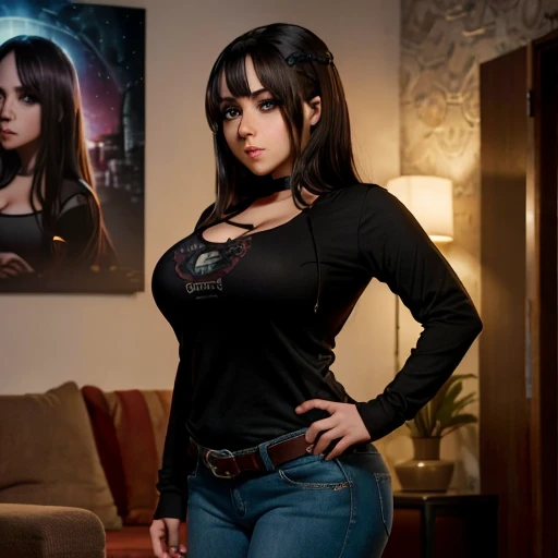 Dark nightmarish movie style, a petite cute shy innocent slightly chubby with monstously huge fat size breasts latina nerdy emo teen, short volumetric hair, beautiful detailed brown eyes, cutely detailed lips, super cute highly detailed eyes and face, roun...