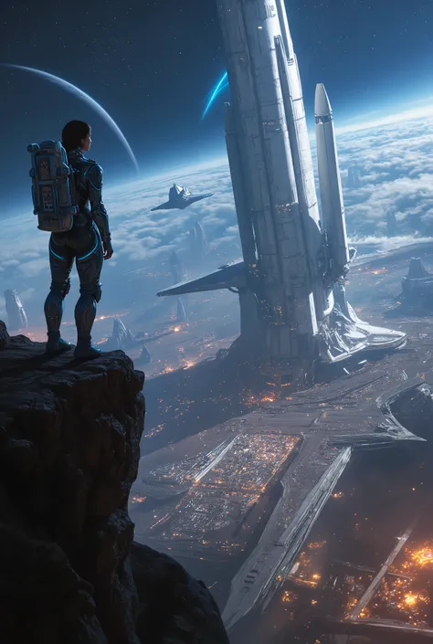 create a female astronaut standing on a high cliff overlooking a massive space port,  watching a ultra massive space ship pull into port, massive space port, stars and Jovian planets moons in the sky, 8k resolution,