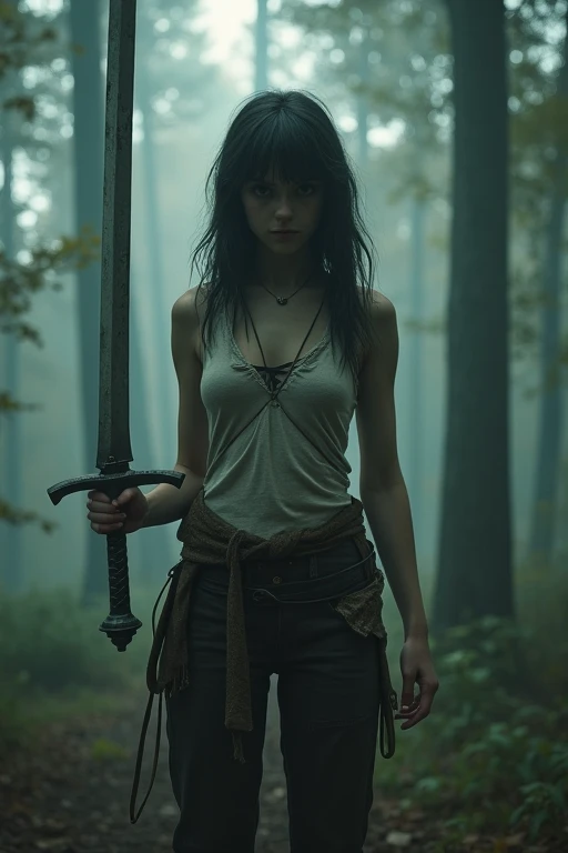 a big breasted 18 year old girl in tattered clothes holding a sword in the forest with a scary atmosphere, hyperrealism, realistic lighting, ultra skin texsture, stable diffusion, perfect anatomy, crazy details, hyperrealism body, hyperrealism face, hyperr...