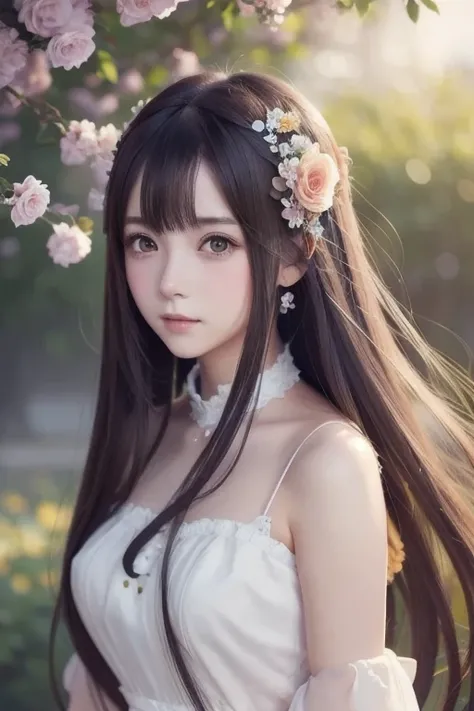  girl with long hair and flower hair  ( anime style),  cute anime waifu is wearing a nice dress, beautiful anime girl,  cute detailed digital art ,  beautiful anime portrait, Guweiz ,  guweiz style artwork,  Guweiz on ArtStation Pixiv ,  detailed digital a...