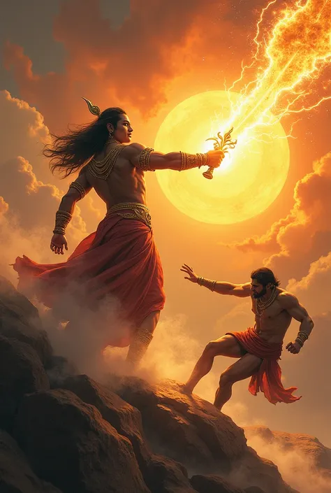 इंद्र का वज्र प्रहार
(Indra appears, throwing his vajra towards Hanuman.)
Narrator: "सूर्य को बचाने के लिए इंद्र देव ने वज्र प्रहार किया। वज्र के लगने से हनुमान घायल होकर पृथ्वी पर गिर पड़े।"